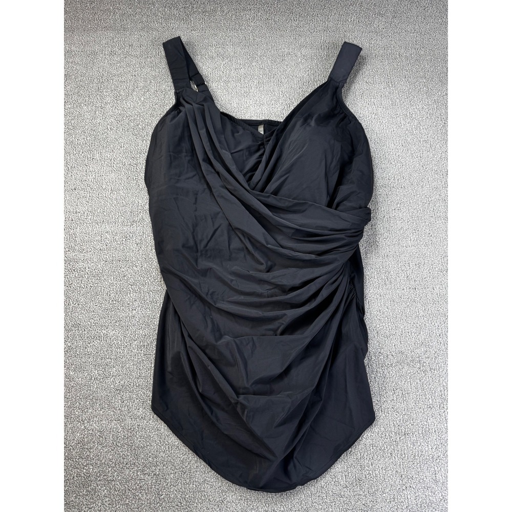Lands End Swimsuit 24W Black One Piece Slender Suit Ruched Wrap Swim Dress‎